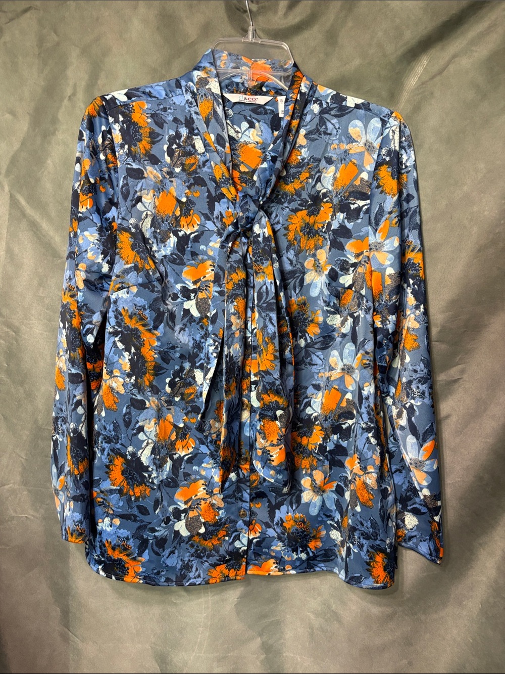 D & Co Tie-Neck Floral Blouse in Blue & Orange
